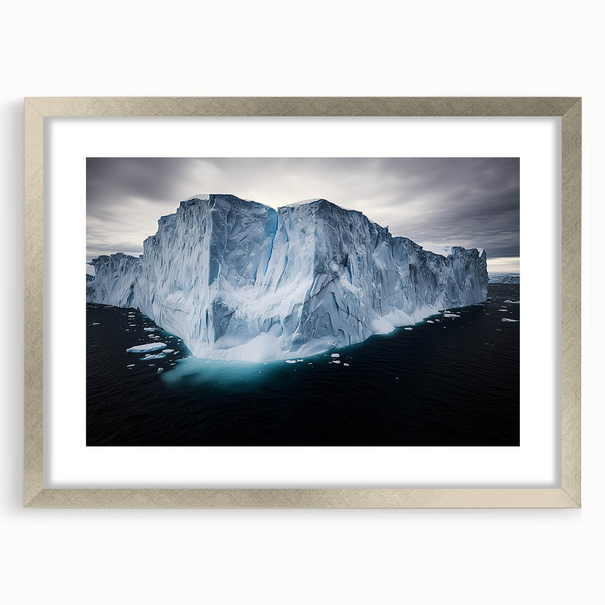 Sleek silver-framed landscape art featuring a stunning cliff view, elegantly matted to enhance the visual appeal, perfect for home decor and wall aesthetics.