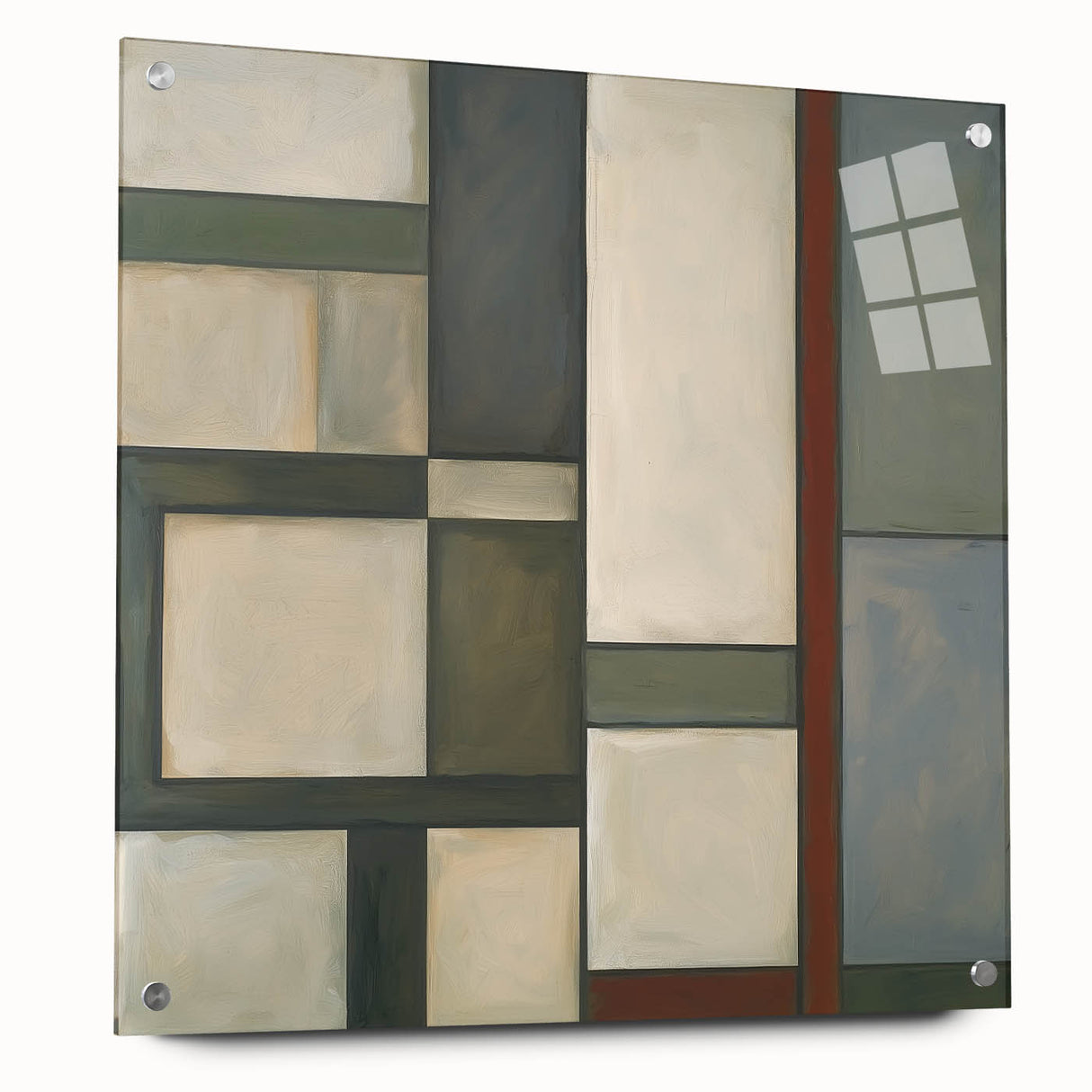 Abstract geometric acrylic glass art piece showcasing vibrant colors and intricate designs, viewed from the side with visible mounting pins, ideal for modern decor.