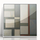 Framed abstract geometric wall art in white acrylic, showcasing intricate shapes and vibrant colors, ideal for modern home decor and artistic interiors.