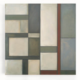 Abstract geometric stretched canvas art showcasing a vibrant color palette of blues, oranges, and yellows, ideal for modern home decor and artistic inspiration.
