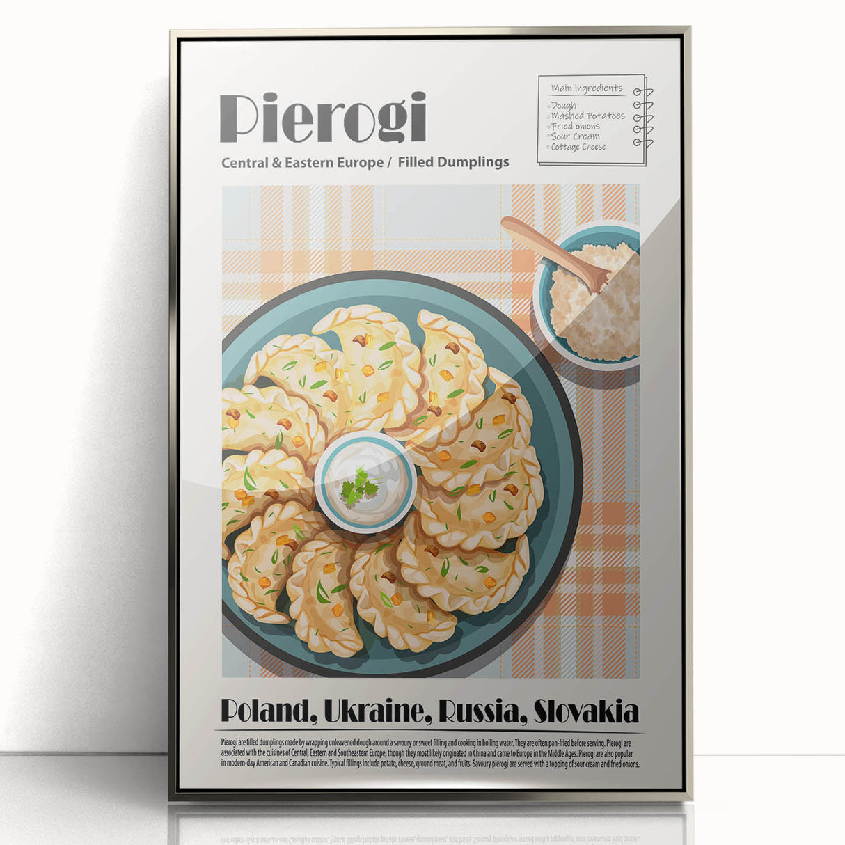 Mid-century modernist art depicting various food dishes in muted colors, framed in acrylic, ideal for modern kitchen decor.