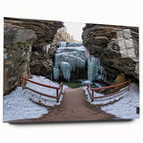 Acrylic glass landscape artwork depicting vibrant canyons in rich colors, viewed from the side, showcasing its sleek design without mounting pins. Perfect for modern home decor.