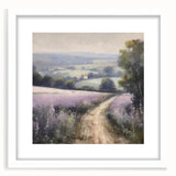 Landscape wall art frame featuring a serene countryside scene with vibrant greens and blues, accented by a white mat, ideal for home decor.