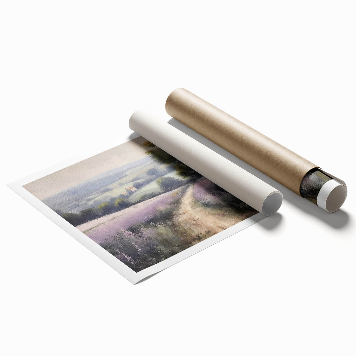 Landscape wall art print showcasing a serene countryside scene with rolling hills and a vibrant sunset, rolled for easy shipping and display. Ideal for home decor.