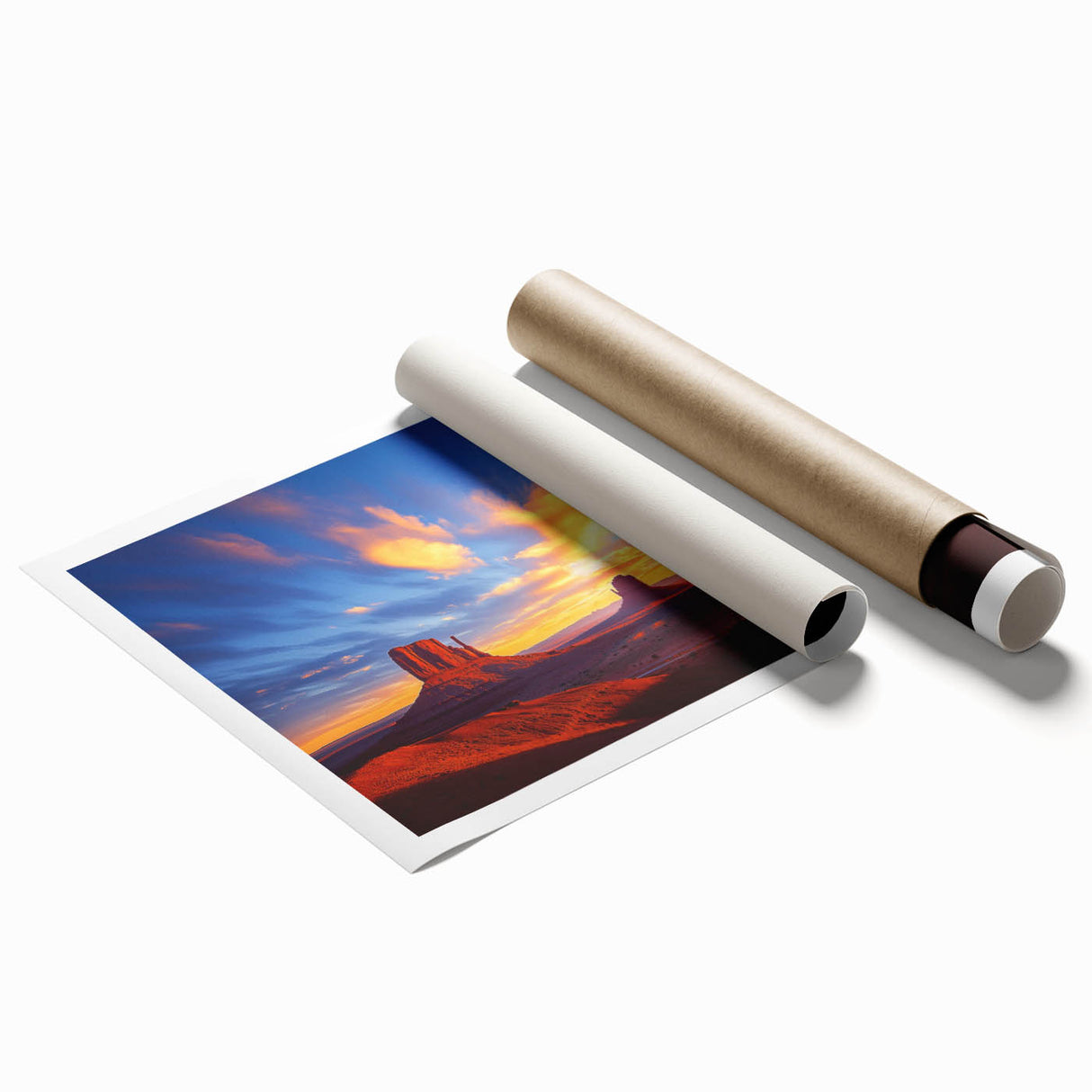 Desert landscape rolled canvas print showcasing vibrant hues of orange and yellow under a clear blue sky, elegantly packaged in a protective cardboard tube for shipping.