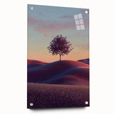 Acrylic glass artwork showcasing a vibrant landscape of rolling fields, displayed from a side view with decorative pins for mounting, emphasizing its colorful details and depth.