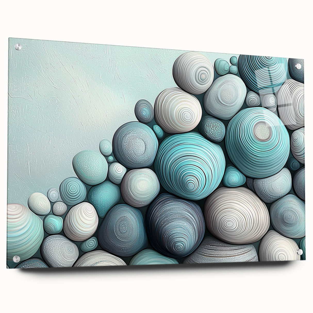 Large abstract wall art featuring close-up nature elements in vibrant greens and blues on acrylic glass.