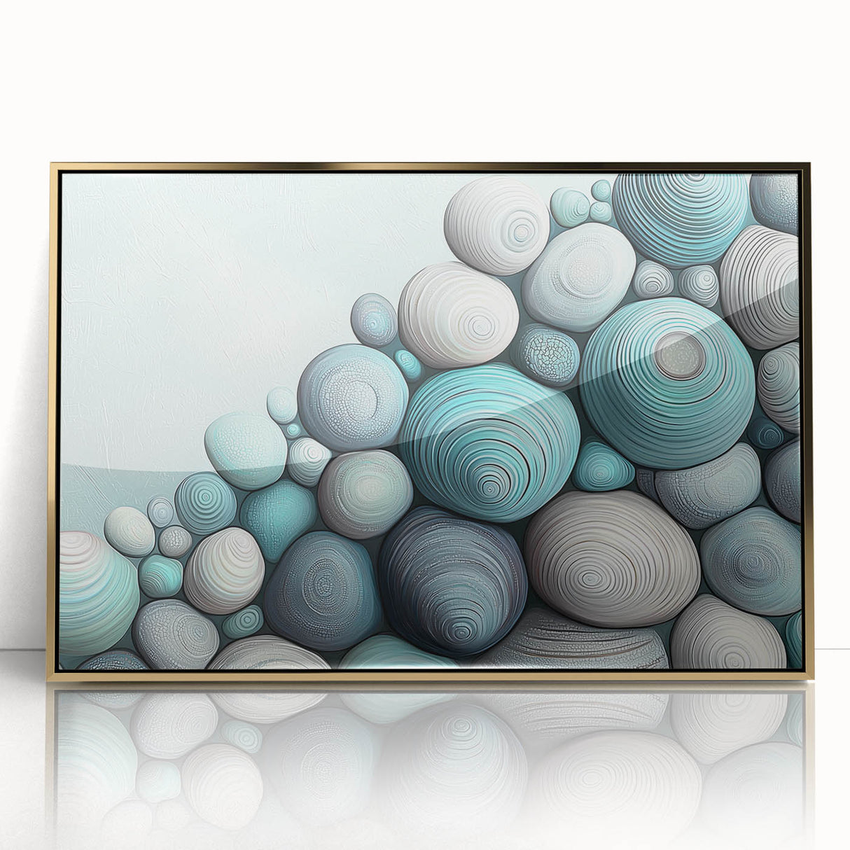 Large art print of close-up nature elements in gold tones on framed acrylic, mid-century modernist style.