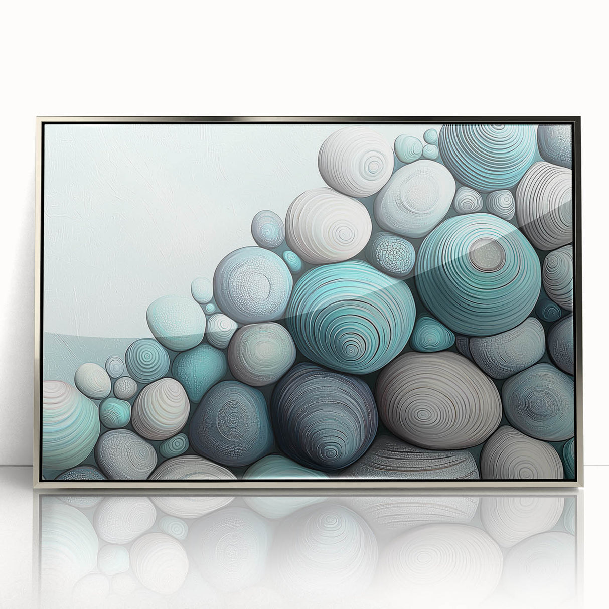 Mid-century modernist art deco poster featuring close-up nature elements in muted earth tones, framed in silver acrylic.