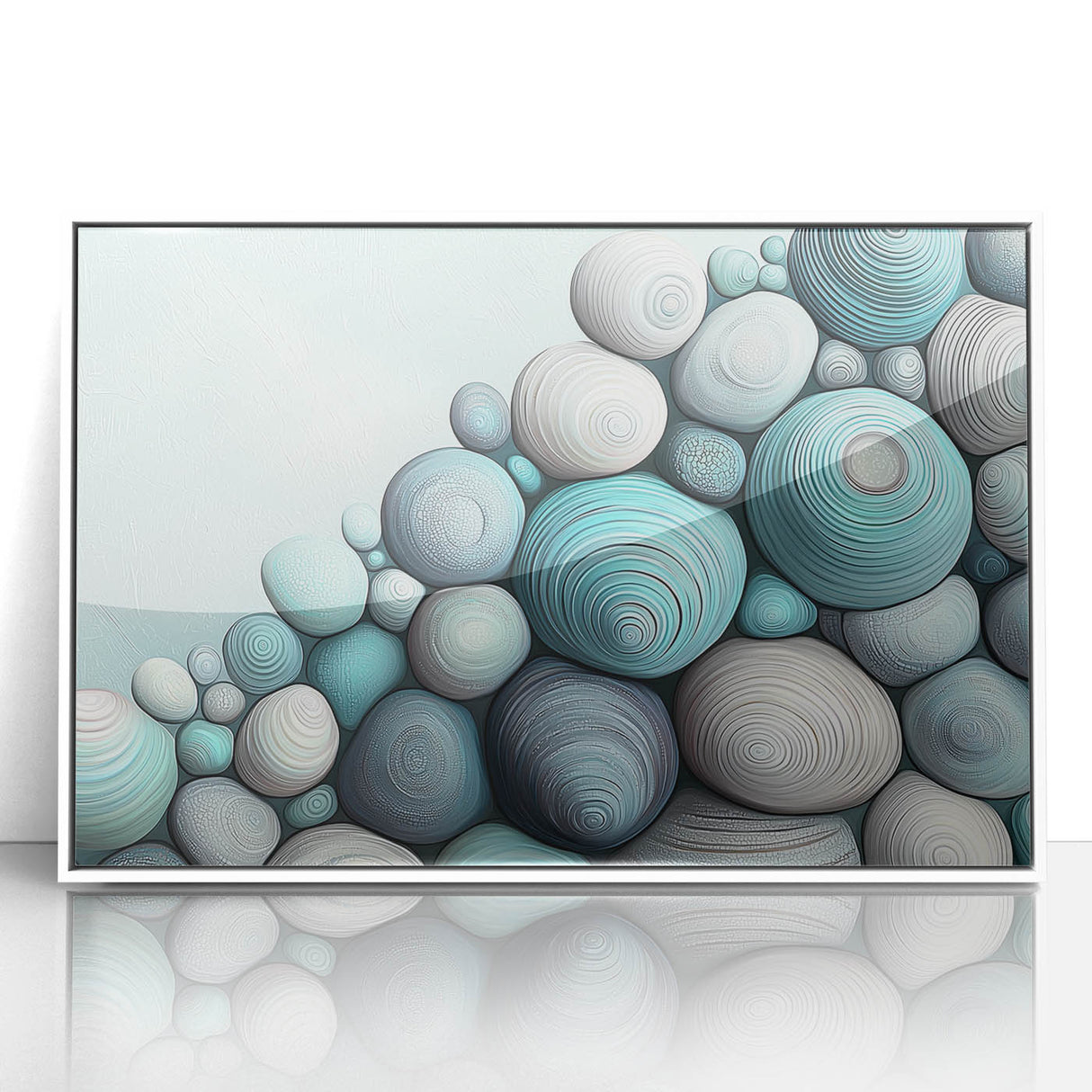 Close-up of nature elements in art deco style on a white framed acrylic, featuring subtle green and brown tones.