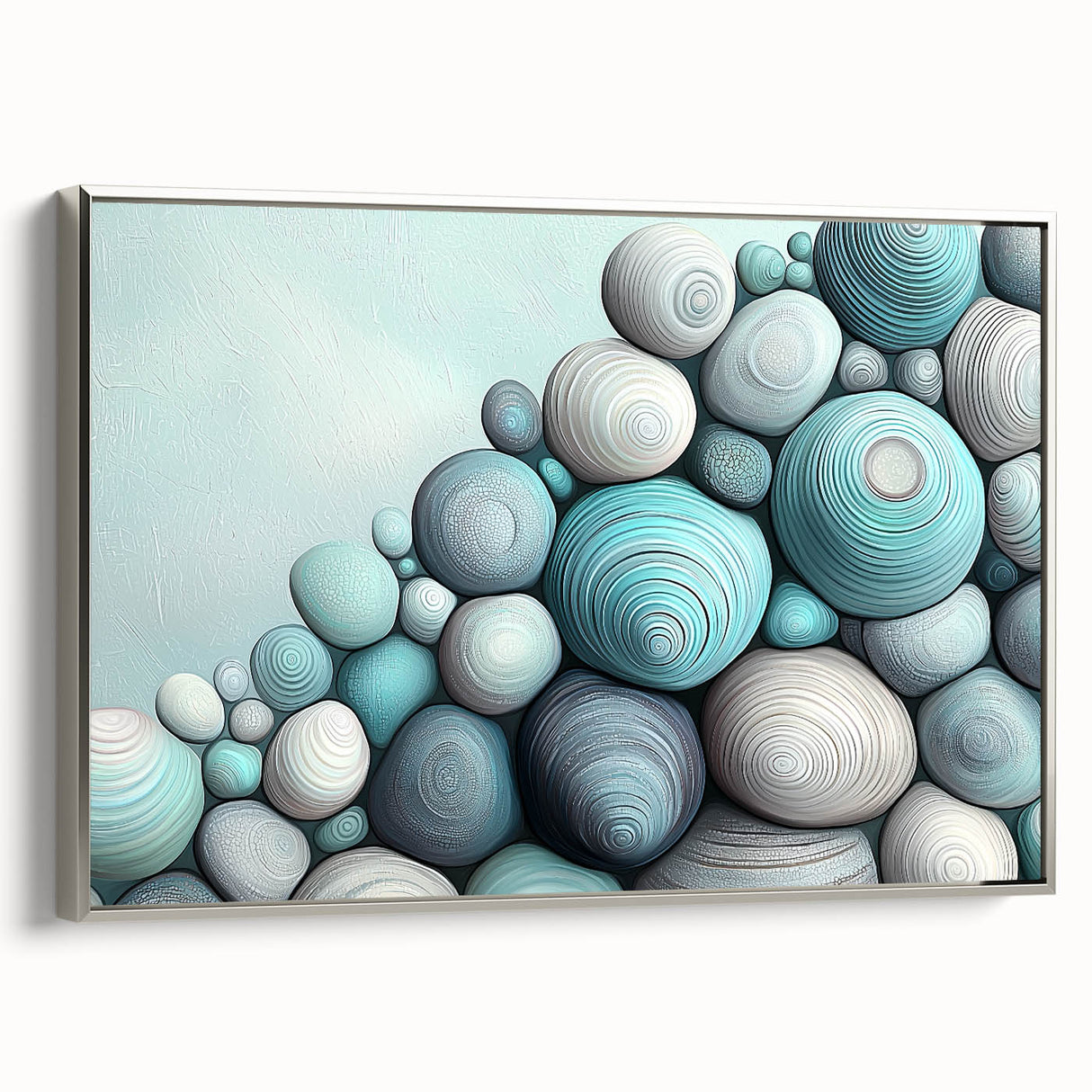 Close-up landscape art painting of nature elements in colorful hues, framed in silver.