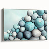 Close-up landscape art painting of nature elements in colorful hues, framed in silver.