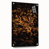 Large abstract wall art depicting vibrant autumn hues on acrylic glass, suitable for bedroom or dining room decor.