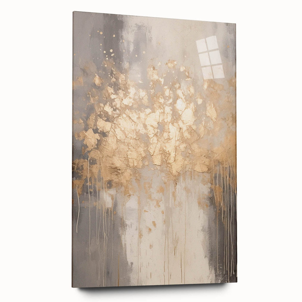 Large abstract wall art on acrylic glass depicting winter season in muted blue and white tones.