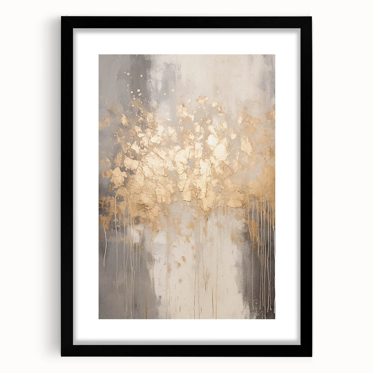 Abstract art print featuring textured, colorful swirls in cool winter tones on a large black-framed canvas.