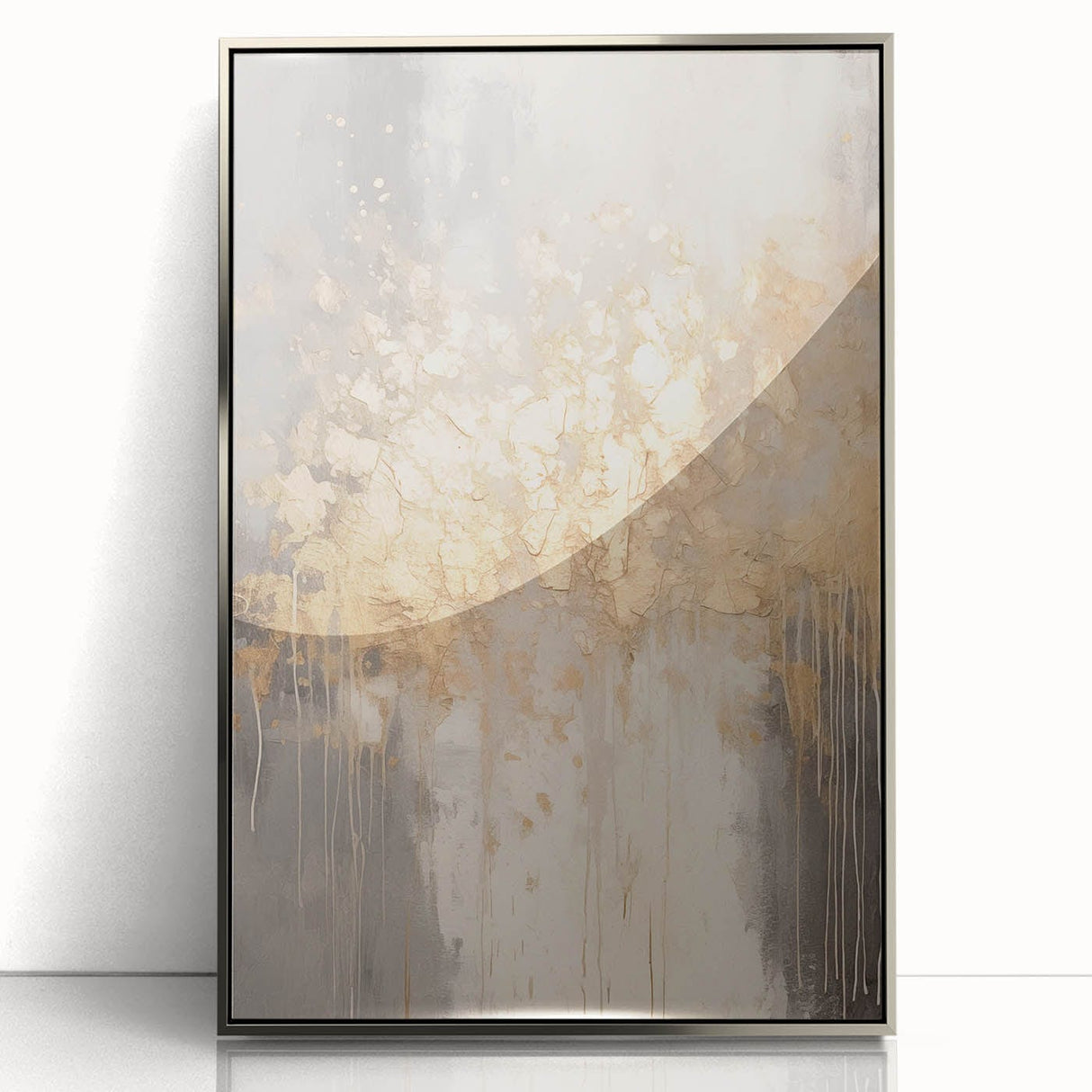 Mid-century modernist art depicting a winter scene in muted blue and white tones, framed in silver acrylic.
