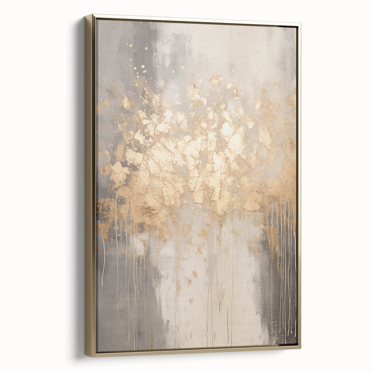 Winter landscape painting on framed canvas with muted gray and gold tones, ideal for bedroom wall decor.