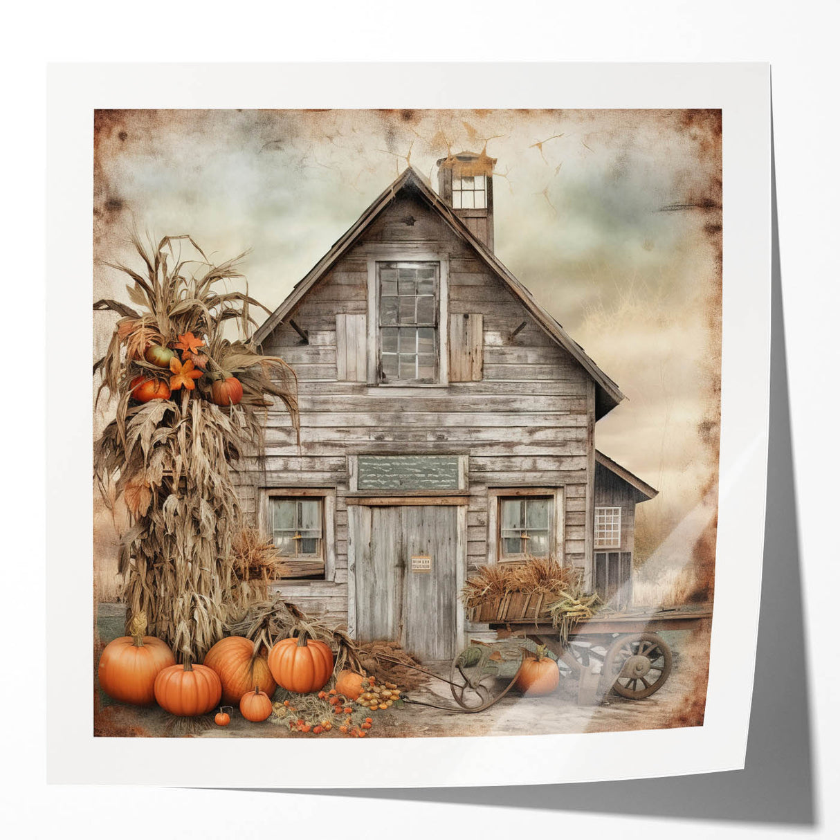 Country Style Art with Pumpkins and Barn - Rustic Farmhouse Wall Decor