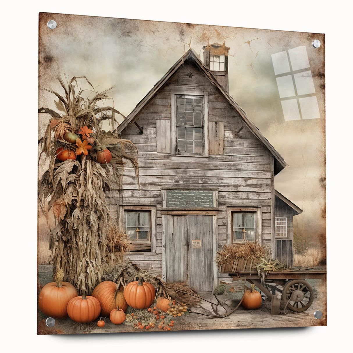 Country Style Art with Pumpkins and Barn - Rustic Farmhouse Wall Decor