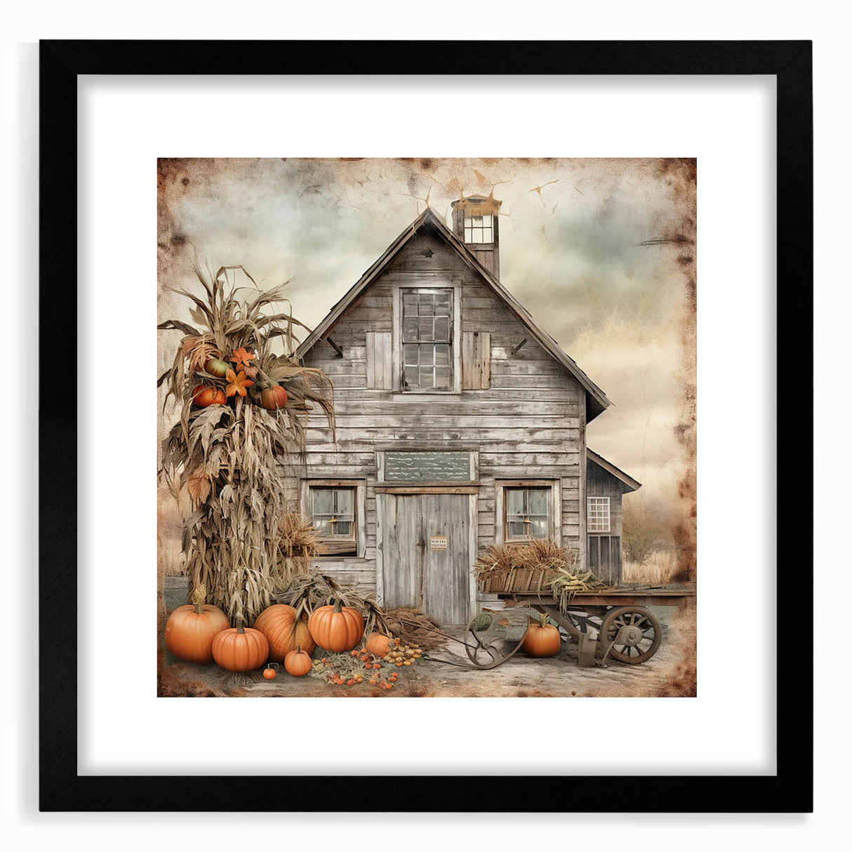 Country Style Art with Pumpkins and Barn - Rustic Farmhouse Wall Decor