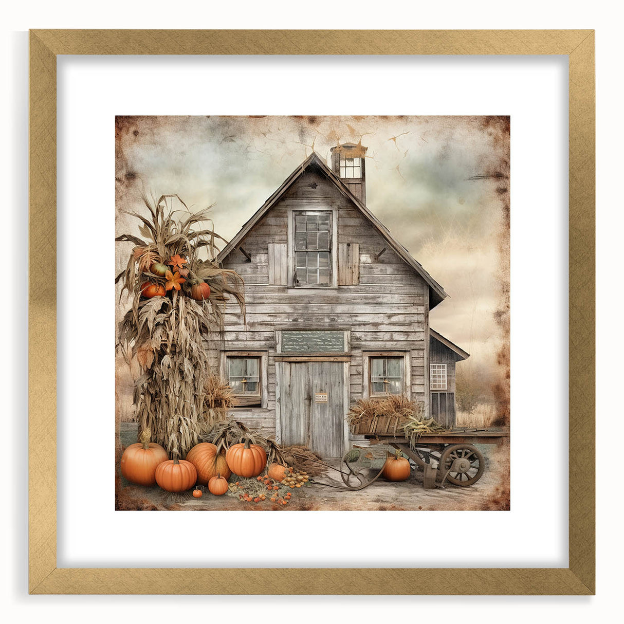 Country Style Art with Pumpkins and Barn - Rustic Farmhouse Wall Decor