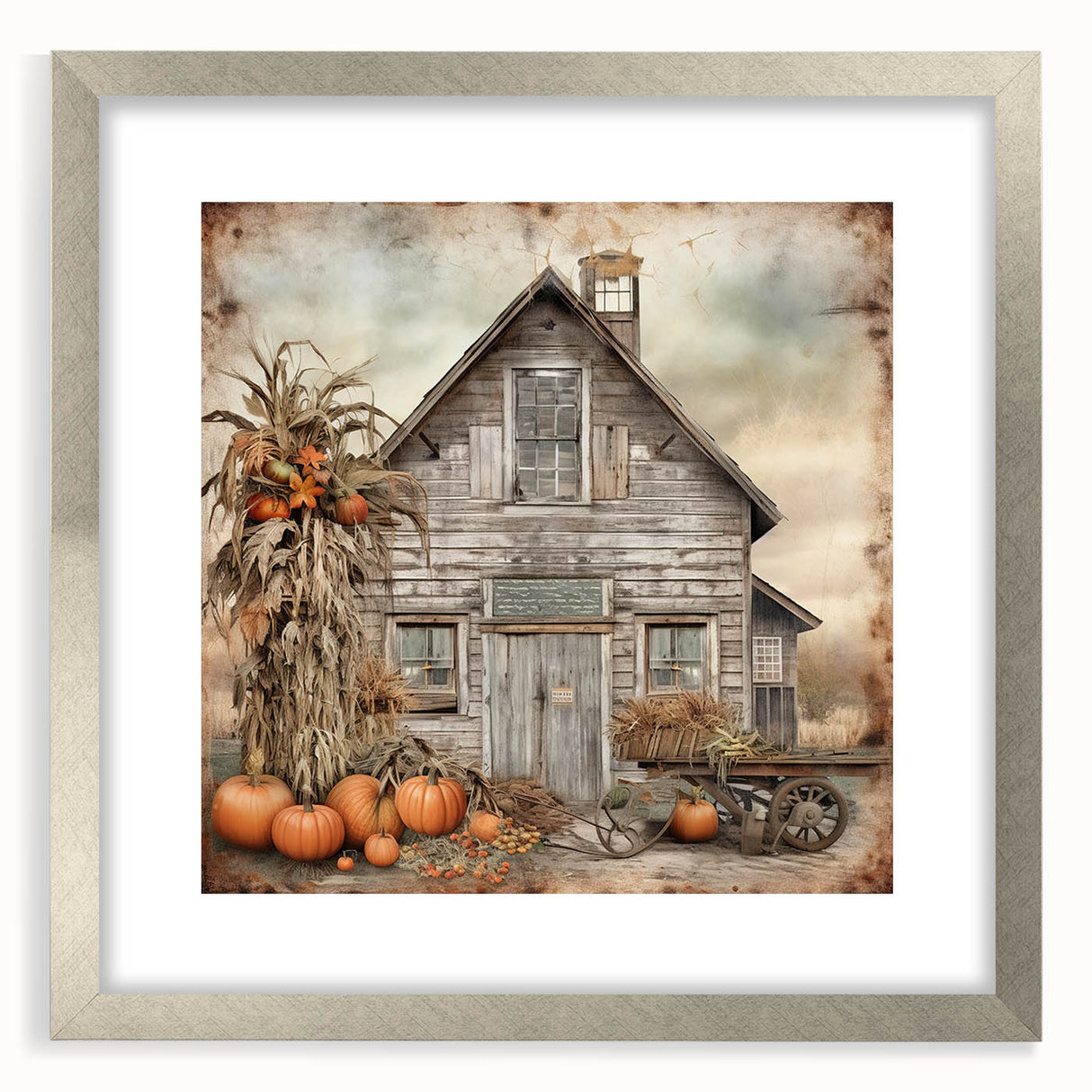 Country Style Art with Pumpkins and Barn - Rustic Farmhouse Wall Decor