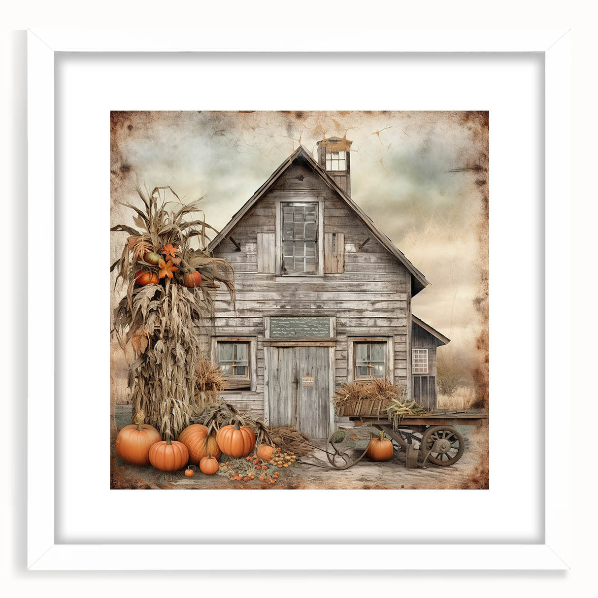 Country Style Art with Pumpkins and Barn - Rustic Farmhouse Wall Decor