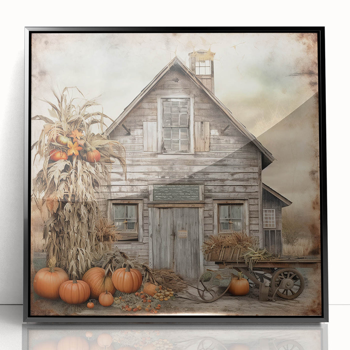 Country Style Art with Pumpkins and Barn - Rustic Farmhouse Wall Decor