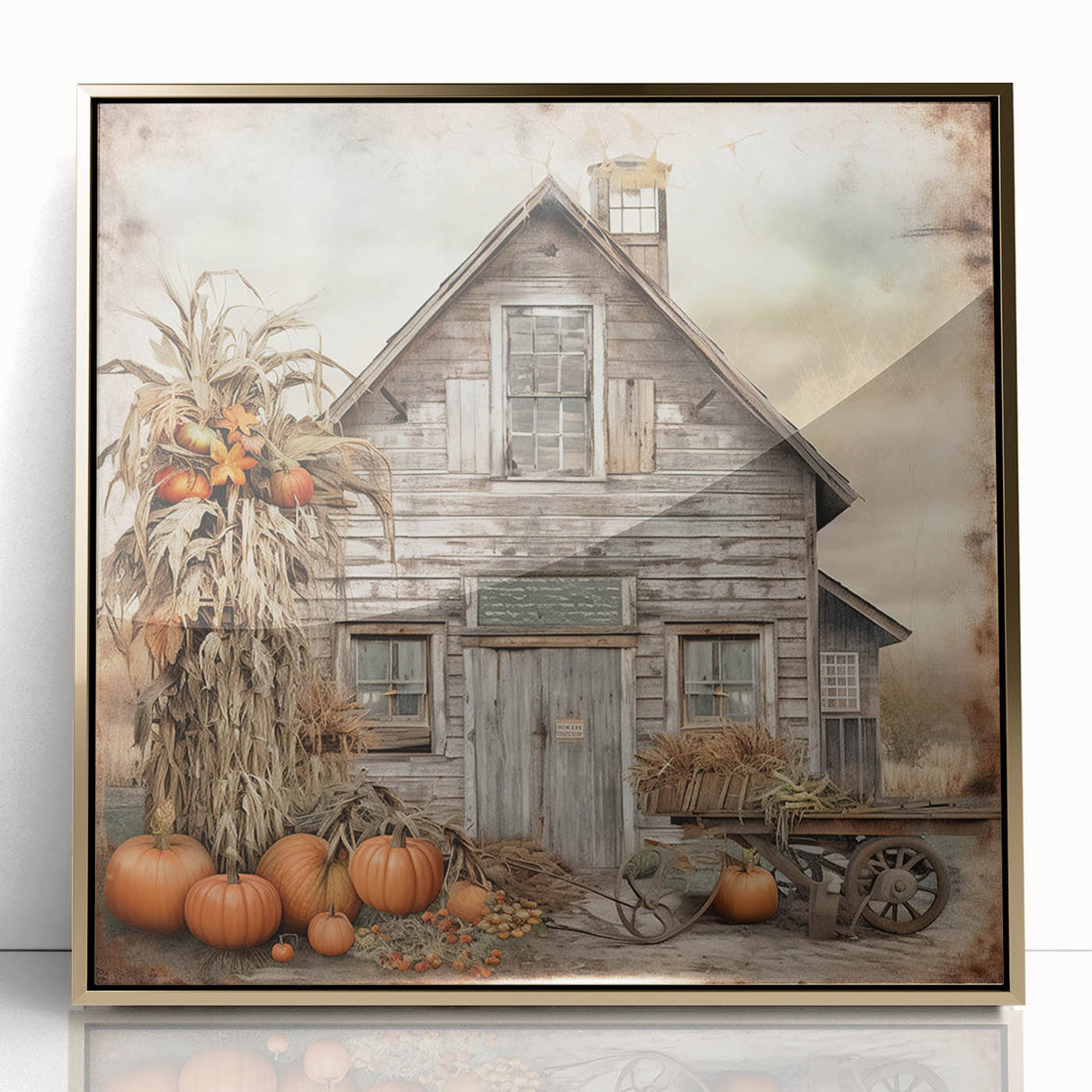Country Style Art with Pumpkins and Barn - Rustic Farmhouse Wall Decor