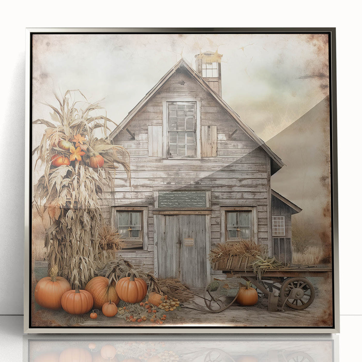 Country Style Art with Pumpkins and Barn - Rustic Farmhouse Wall Decor