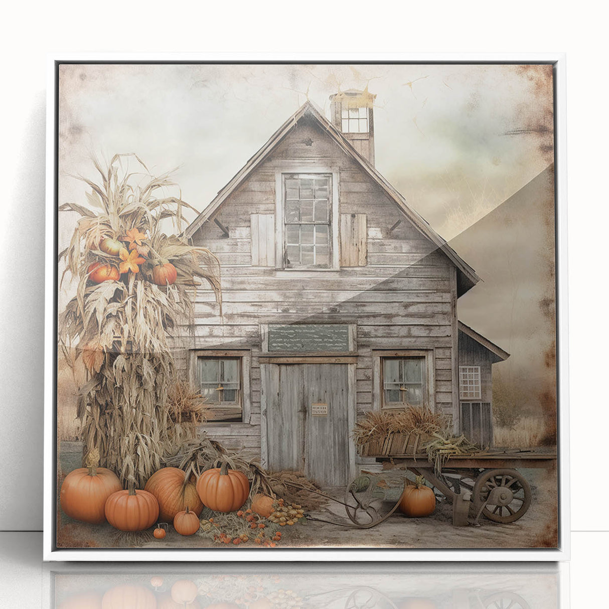 Country Style Art with Pumpkins and Barn - Rustic Farmhouse Wall Decor