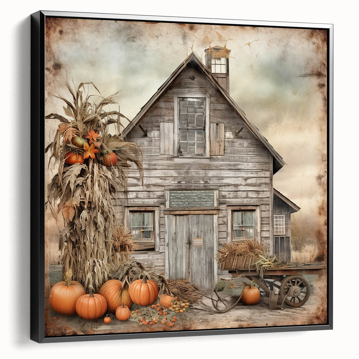 Country Style Art with Pumpkins and Barn - Rustic Farmhouse Wall Decor