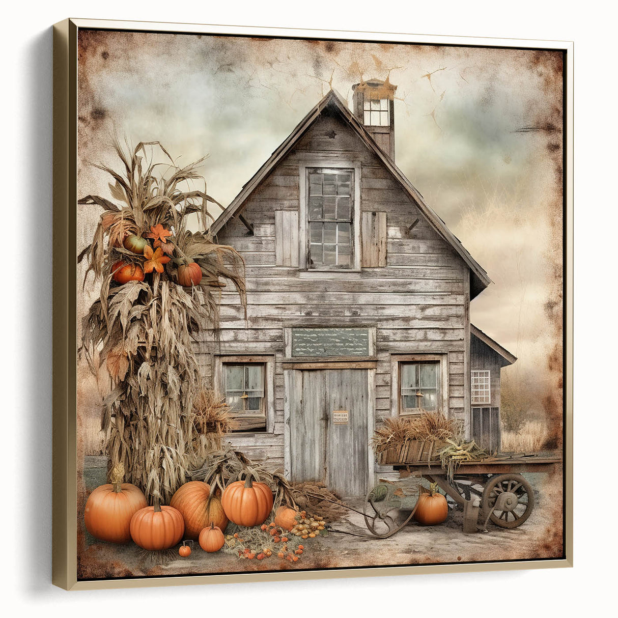 Country Style Art with Pumpkins and Barn - Rustic Farmhouse Wall Decor