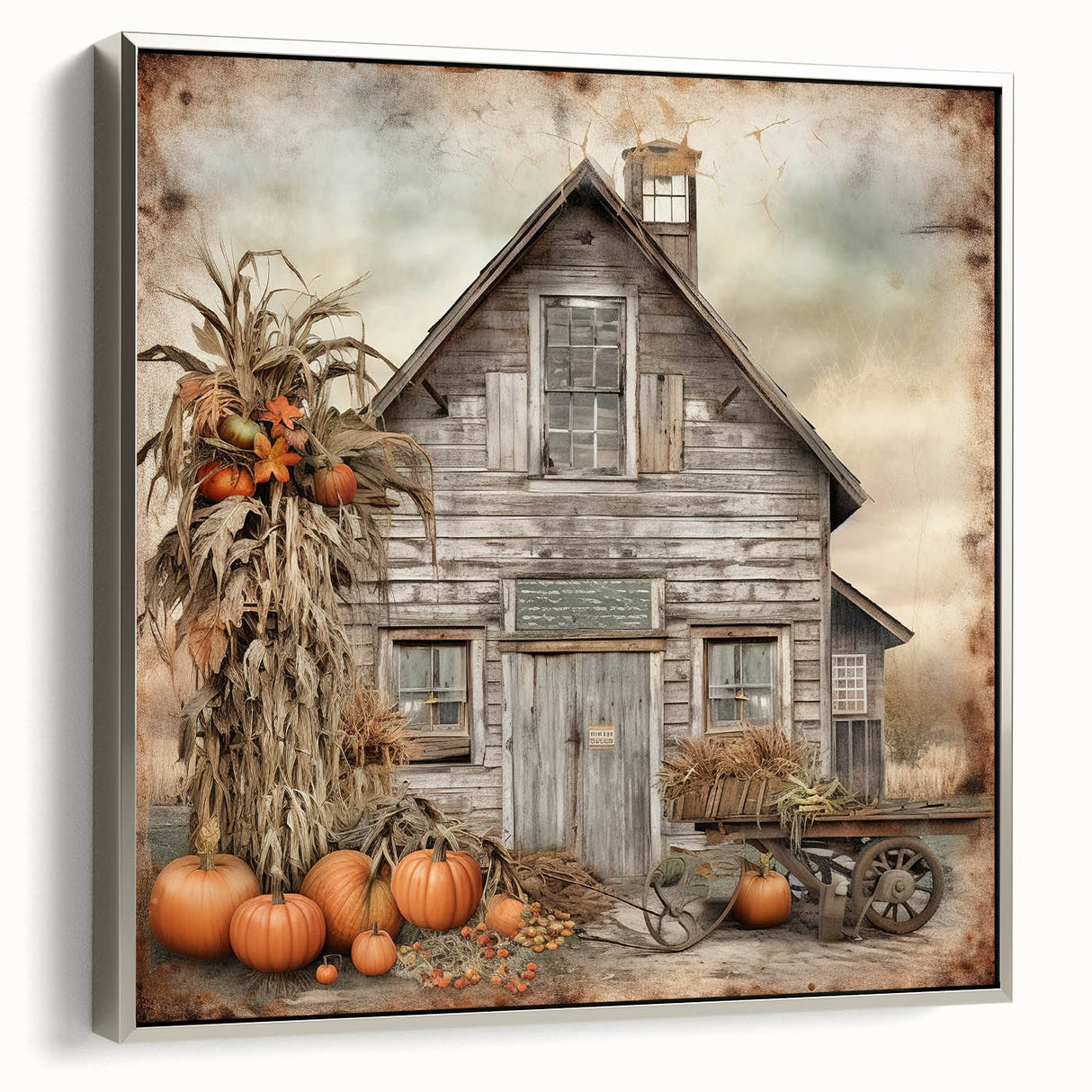 Country Style Art with Pumpkins and Barn - Rustic Farmhouse Wall Decor
