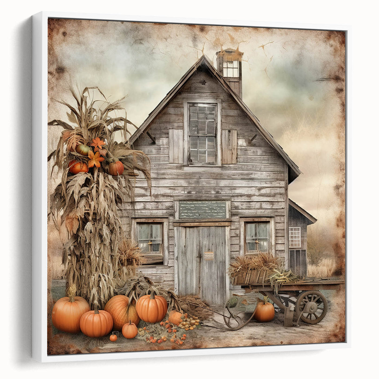 Country Style Art with Pumpkins and Barn - Rustic Farmhouse Wall Decor