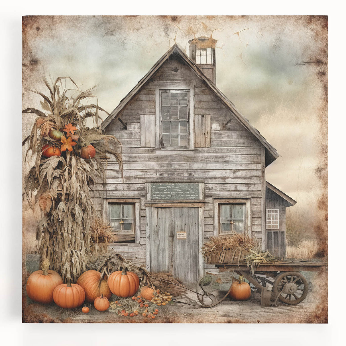 Country Style Art with Pumpkins and Barn - Rustic Farmhouse Wall Decor
