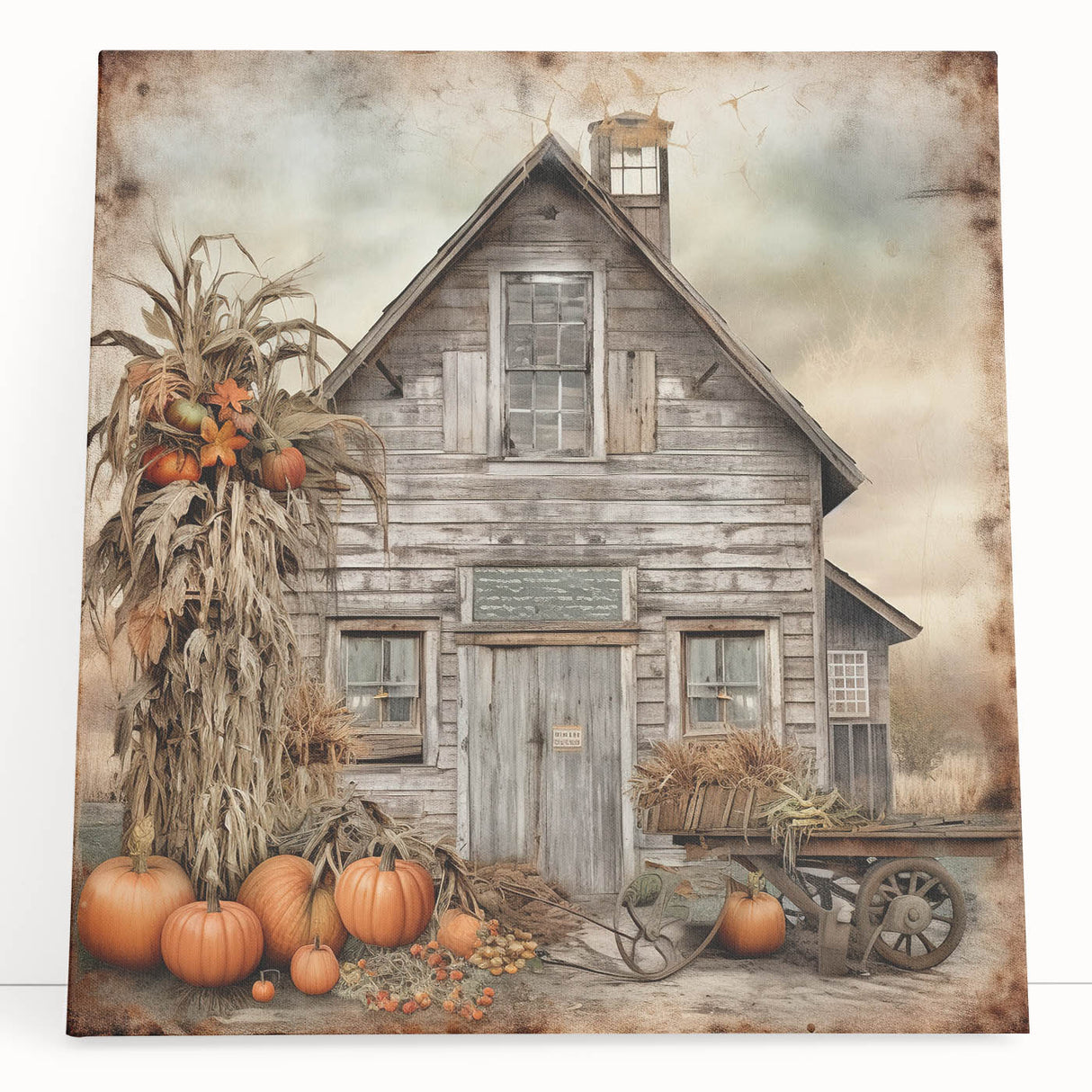 Country Style Art with Pumpkins and Barn - Rustic Farmhouse Wall Decor