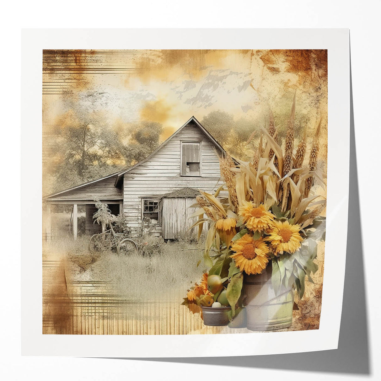 Farmhouse Wall Art with Sunflowers and Barn - Rustic Country Decor