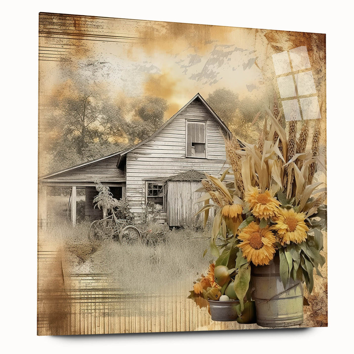 Farmhouse Wall Art with Sunflowers and Barn - Rustic Country Decor