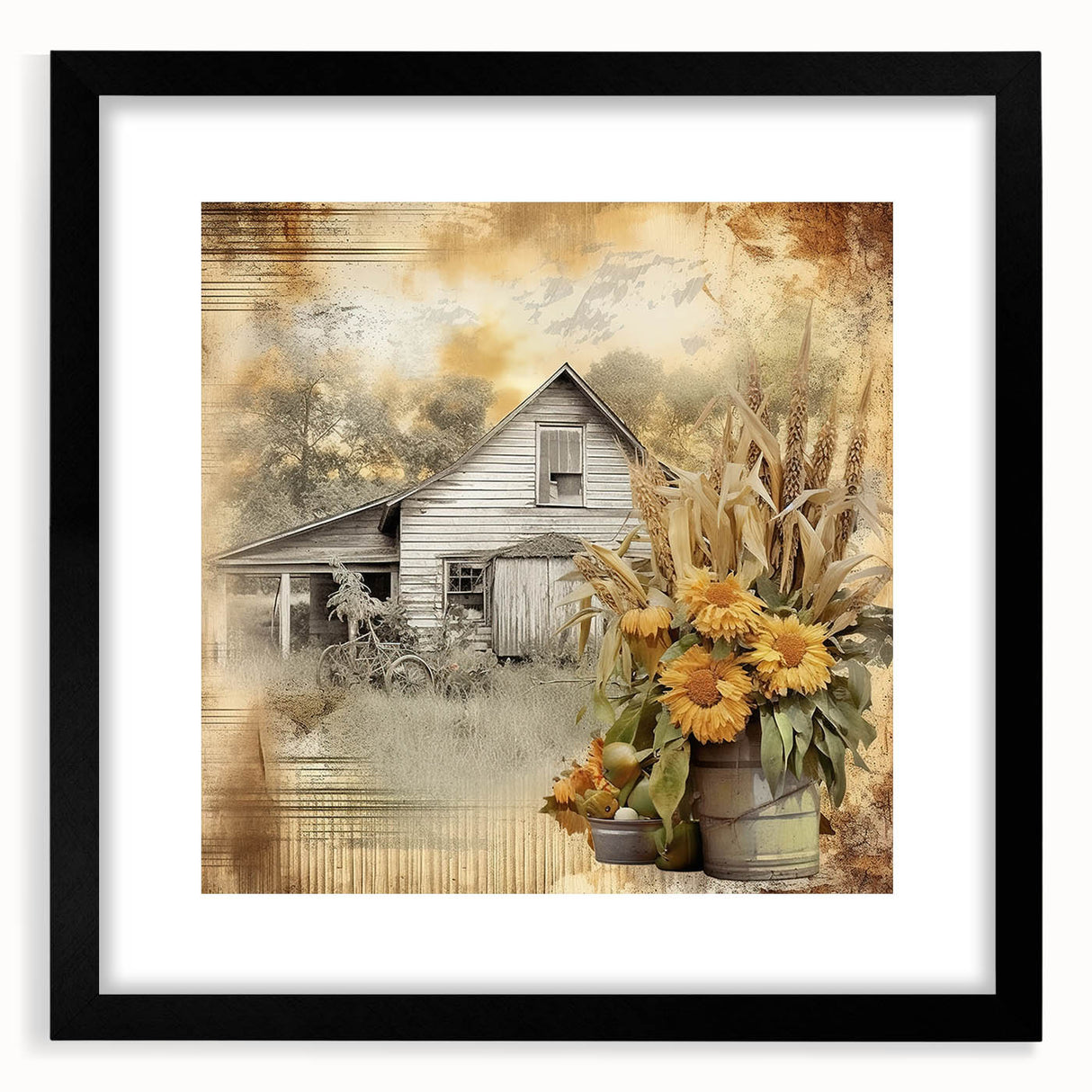 Farmhouse Wall Art with Sunflowers and Barn - Rustic Country Decor