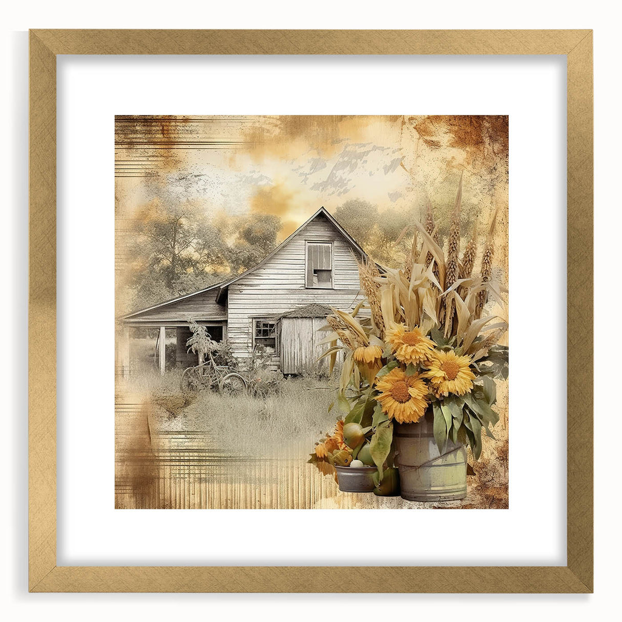 Farmhouse Wall Art with Sunflowers and Barn - Rustic Country Decor