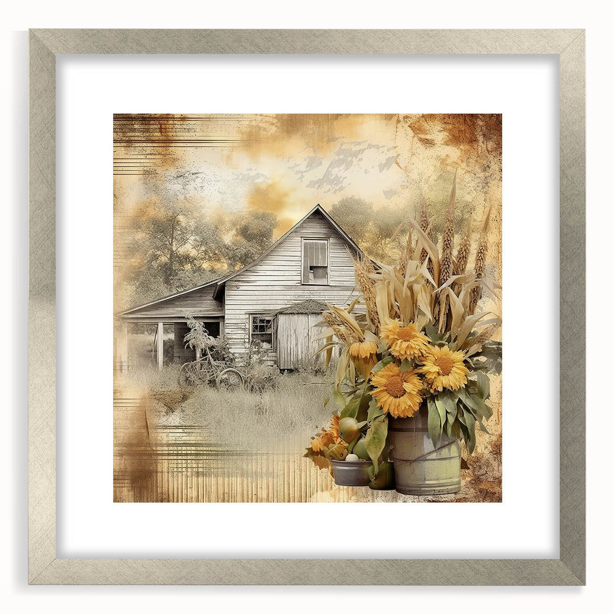 Farmhouse Wall Art with Sunflowers and Barn - Rustic Country Decor