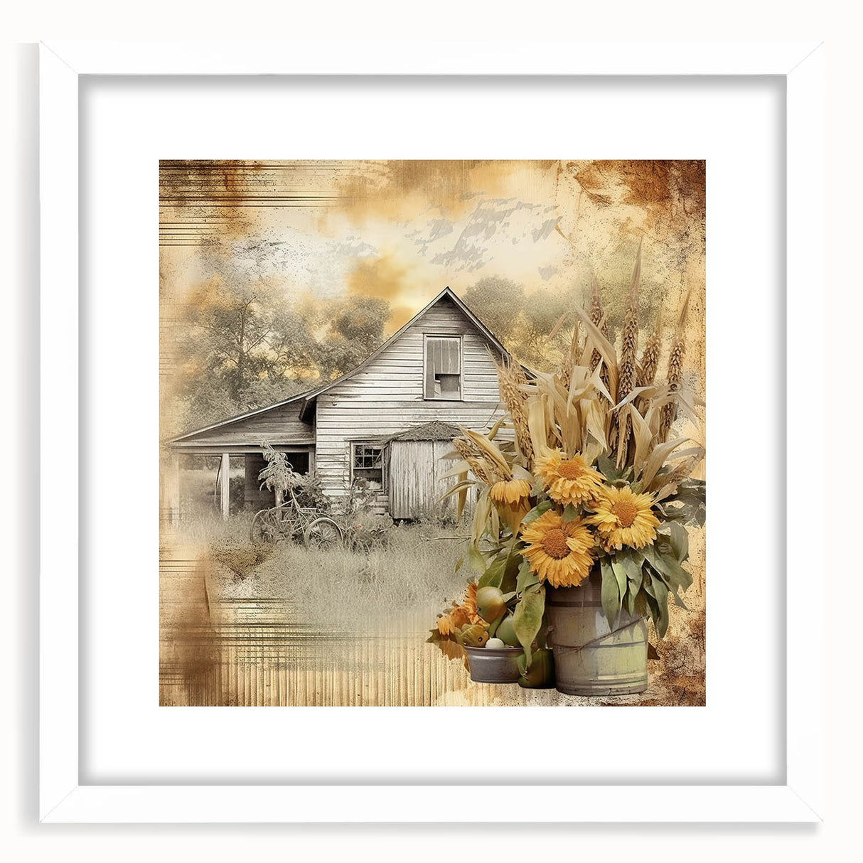 Farmhouse Wall Art with Sunflowers and Barn - Rustic Country Decor