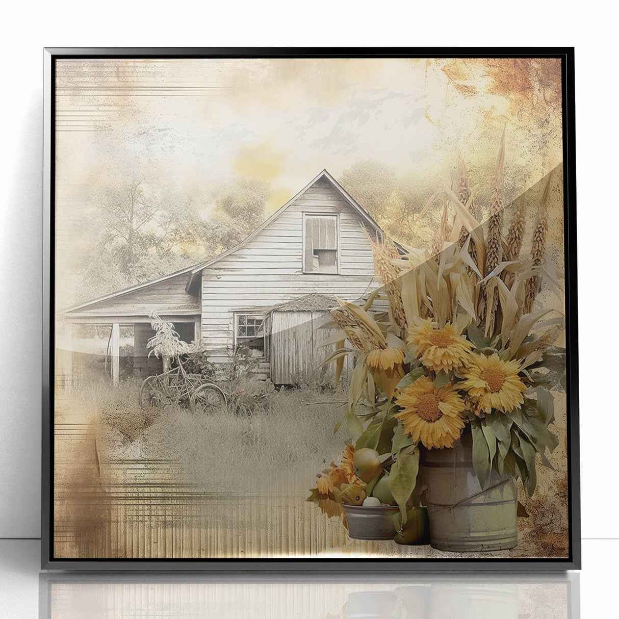 Farmhouse Wall Art with Sunflowers and Barn - Rustic Country Decor