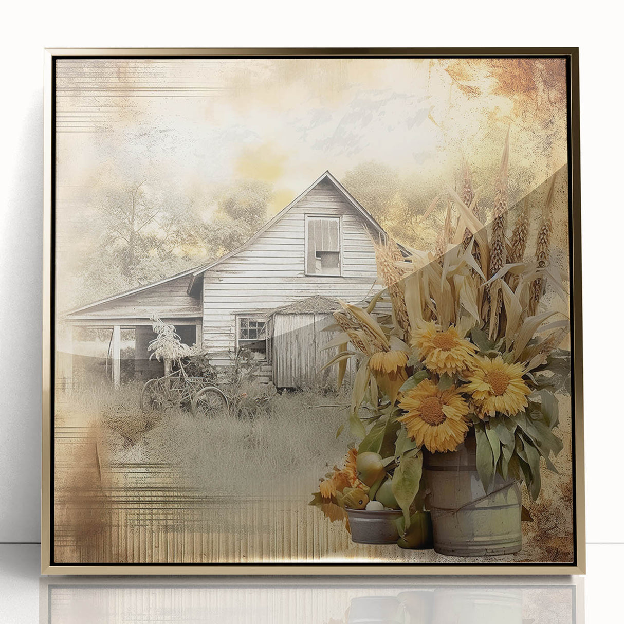 Farmhouse Wall Art with Sunflowers and Barn - Rustic Country Decor