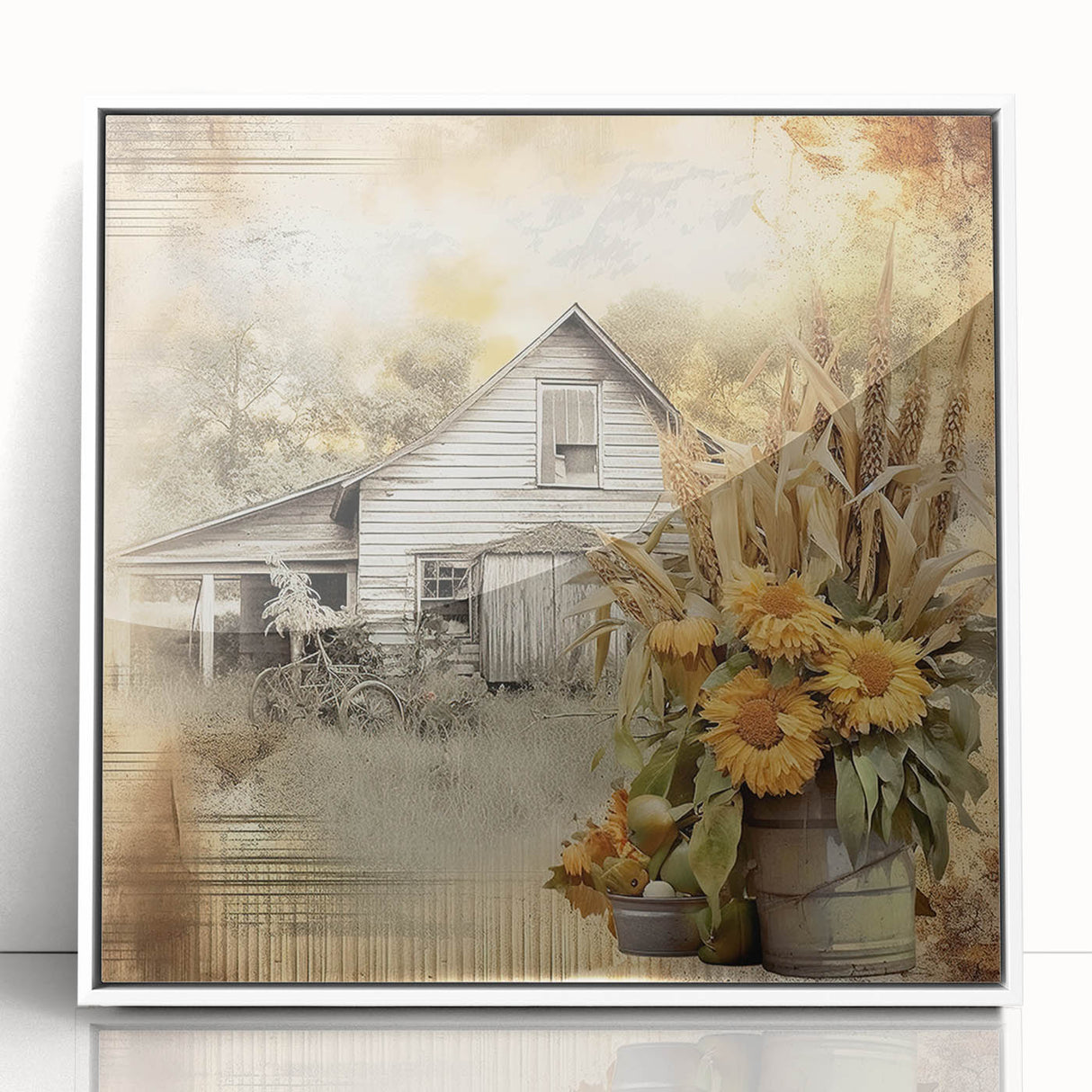 Farmhouse Wall Art with Sunflowers and Barn - Rustic Country Decor