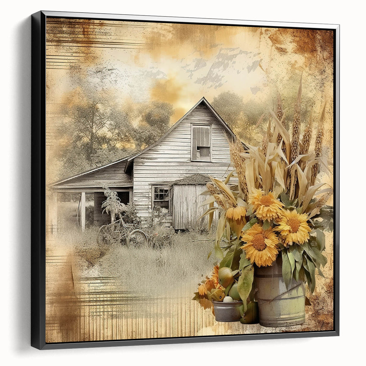 Farmhouse Wall Art with Sunflowers and Barn - Rustic Country Decor