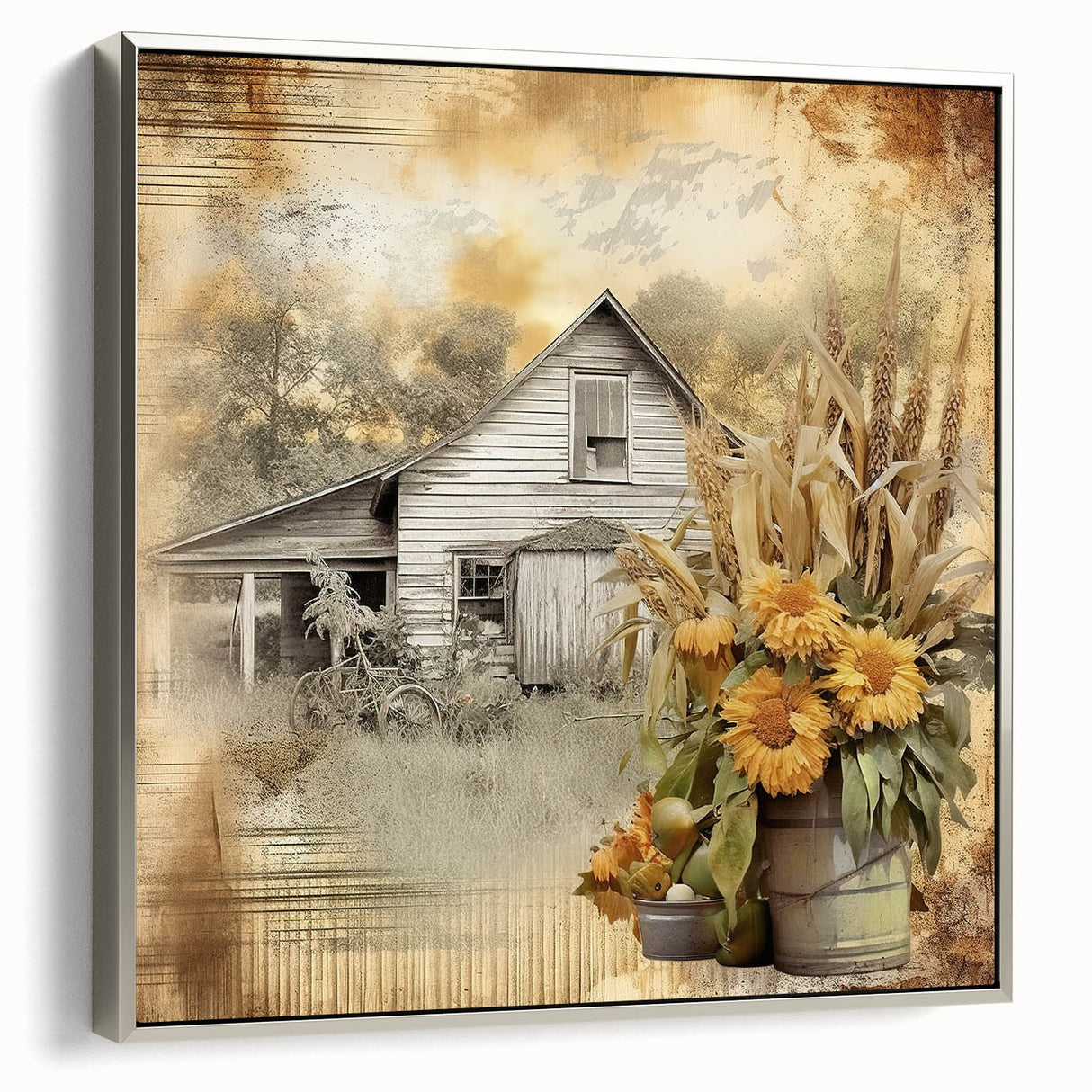 Farmhouse Wall Art with Sunflowers and Barn - Rustic Country Decor