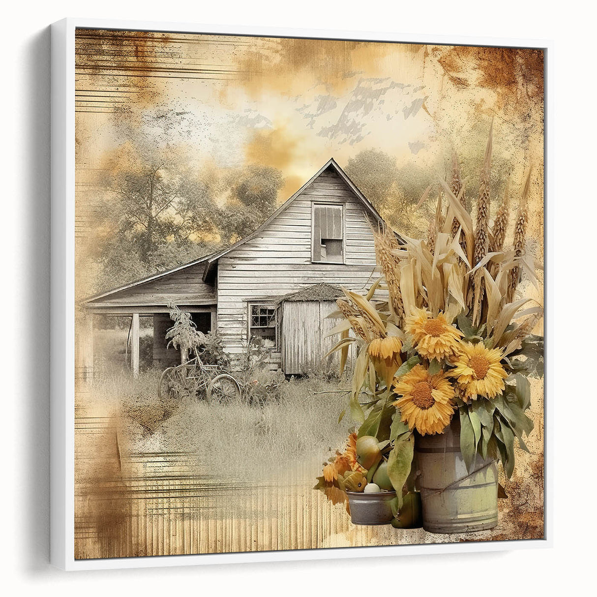 Farmhouse Wall Art with Sunflowers and Barn - Rustic Country Decor