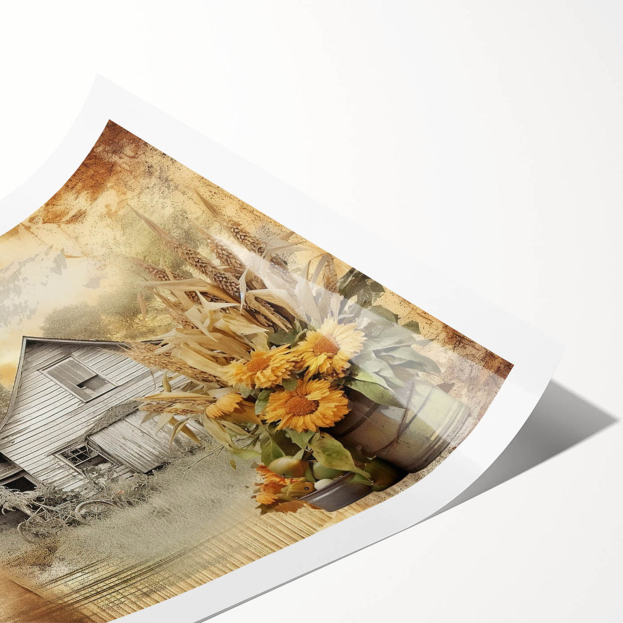 Farmhouse Wall Art with Sunflowers and Barn - Rustic Country Decor